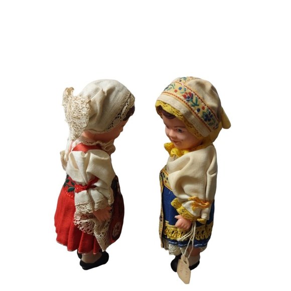 2 Vintage Creepy 1965 Czechoslovakia Hard Plastic Dolls Eyes Close Lace Dresses - Picture 4 of 7